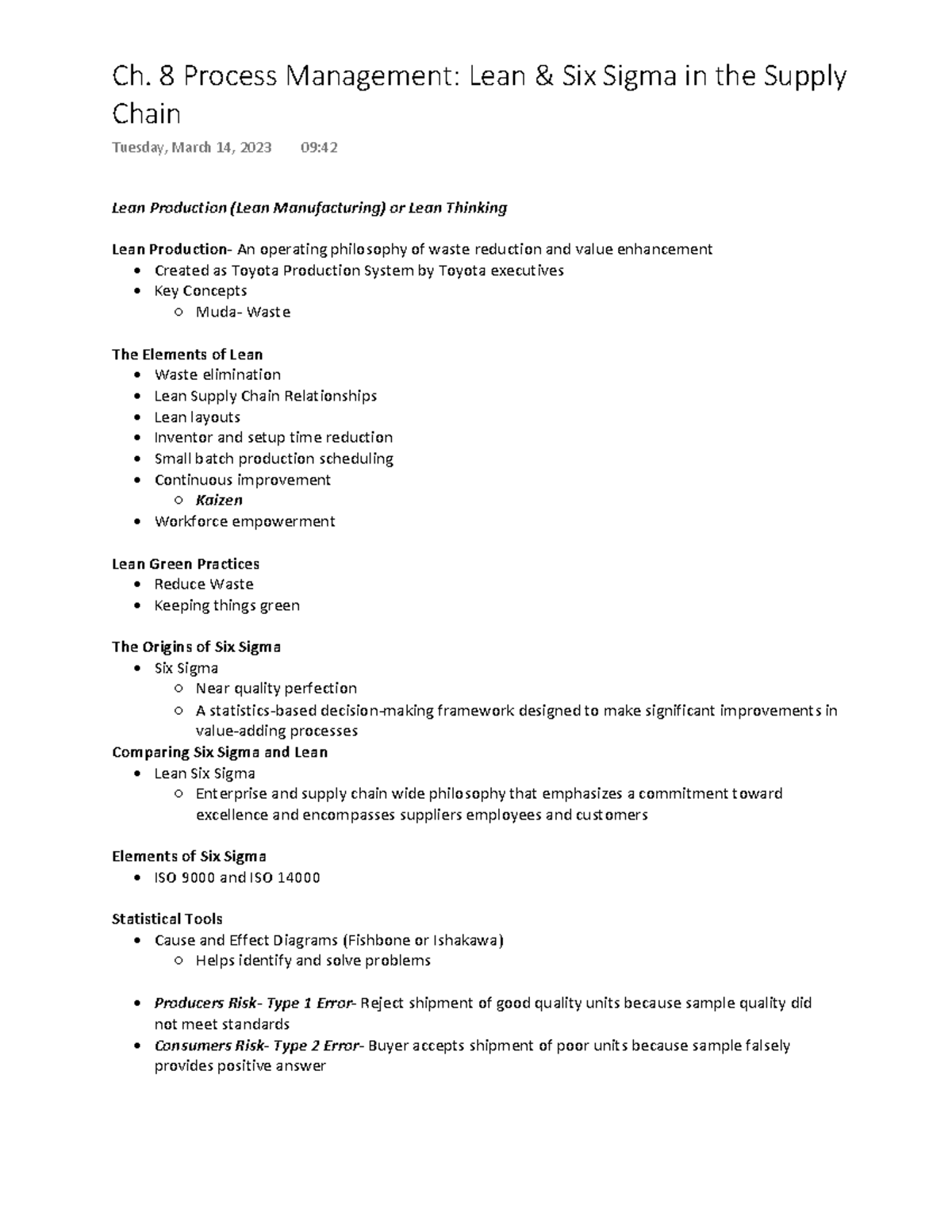Ch. 8 Process Management Lean and Six Sigma in the Supply Chain - Lean ...