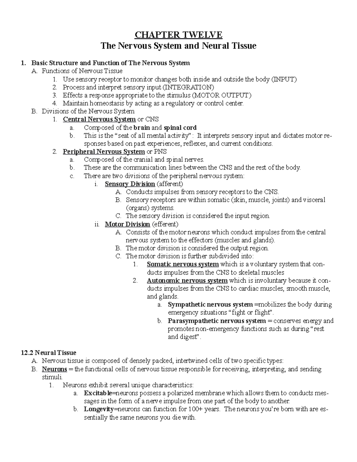 Chapter 12 Outline - anatomy - CHAPTER TWELVE The Nervous System and ...