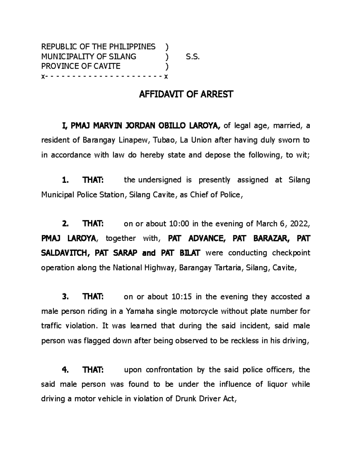 Affidavit OF Arrest ON Checkpoint CDT 3C Laroya REPUBLIC OF THE