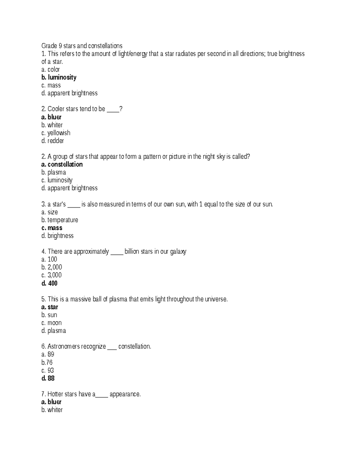 Questionnaire - research questions - Grade 9 stars and constellations 1 ...