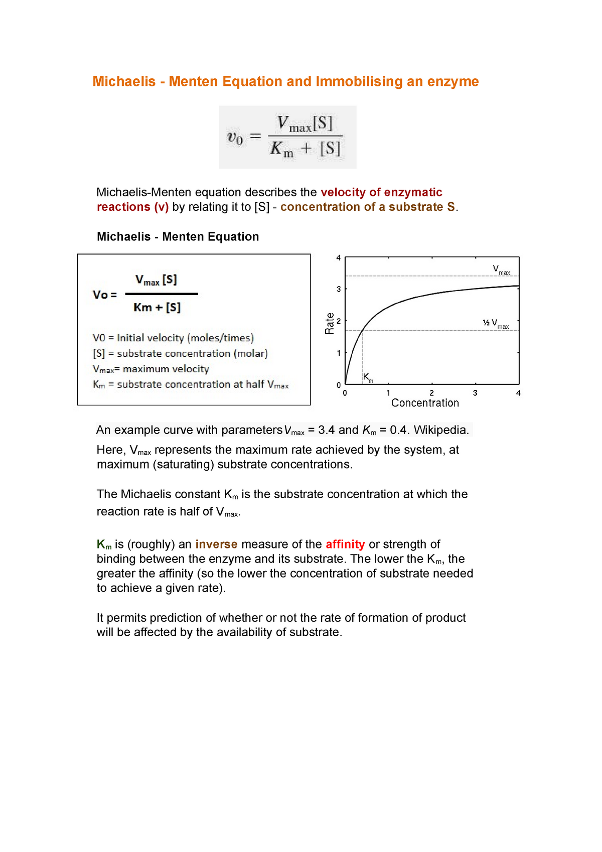 Michaelis Equation Notes Michaelis Menten Equation And Immobilising An Enzyme Michaelis Menten Studocu