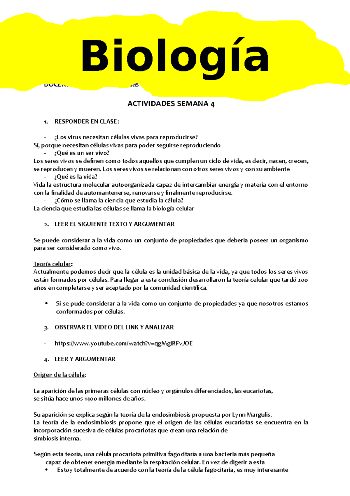 Semana 4.- 1roBGU Biologia - NOMBRE: Santiago Sánchez FECHA: 22/09 ...