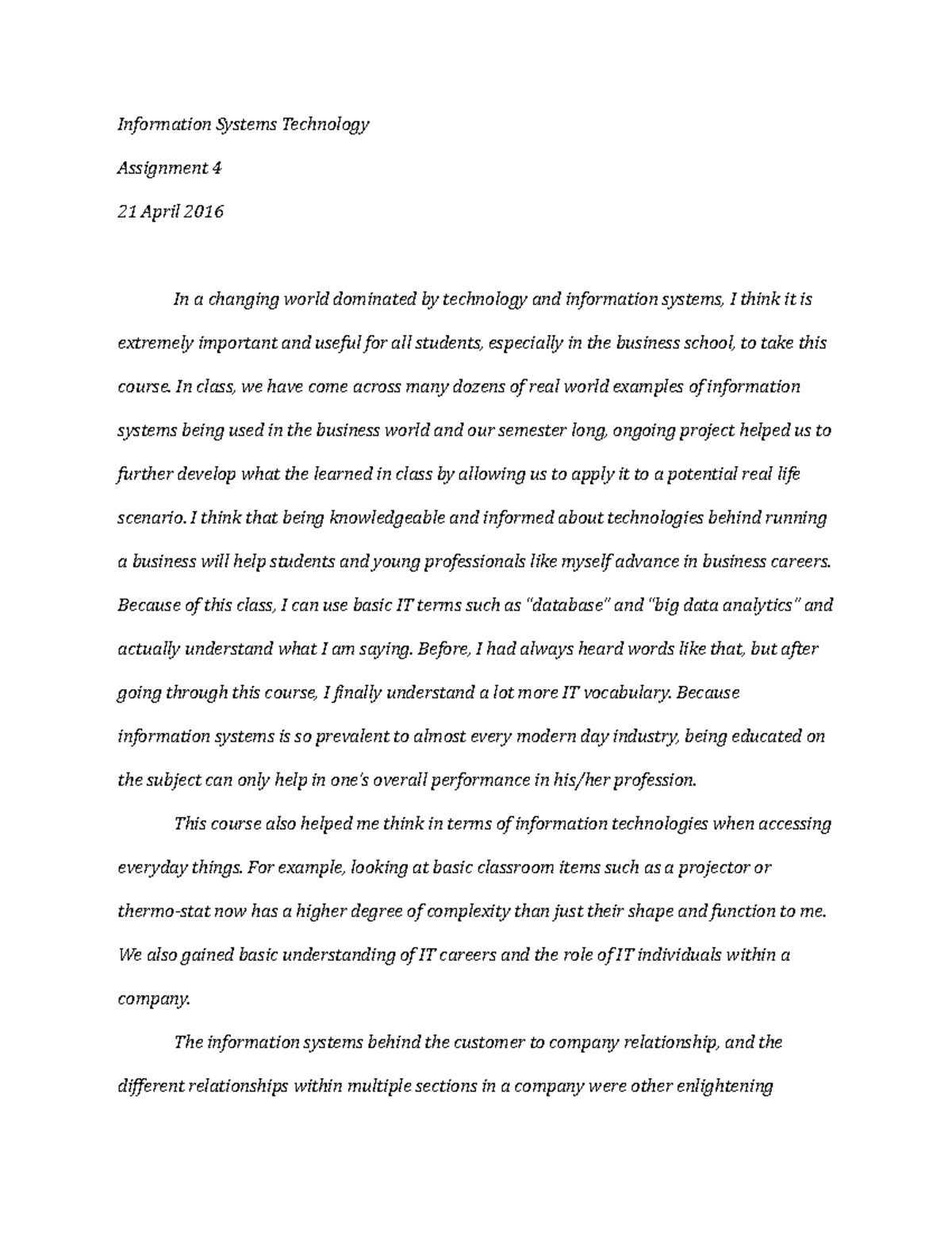 Assignment 4 Information Systems Technology - Information Systems ...