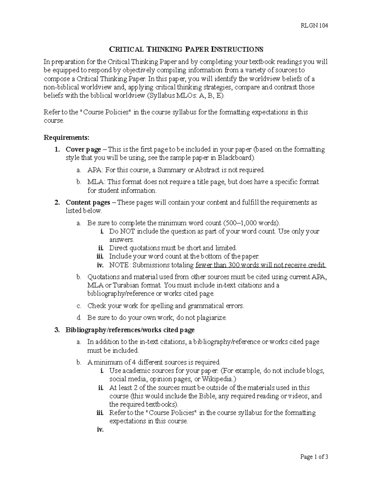 critical thinking research paper assignment rlgn 104