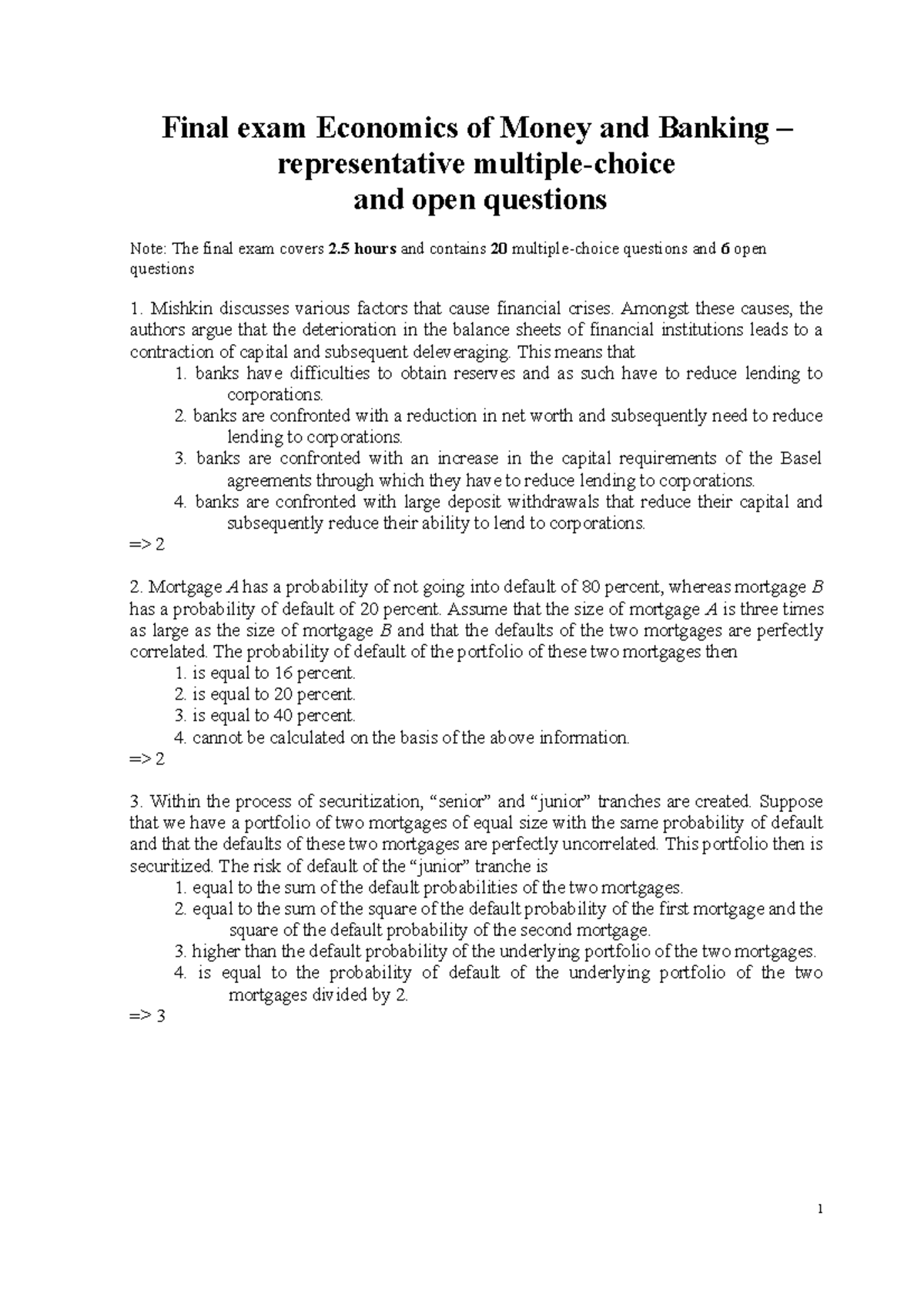Final exam Economics of Money and Banking representative questions1
