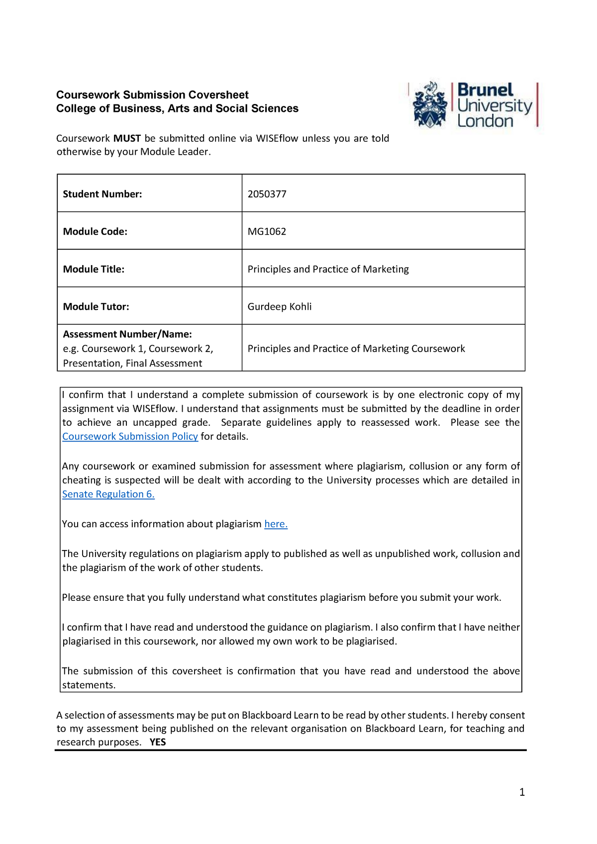 Marketing Coursework - Coursework Submission Coversheet College of ...