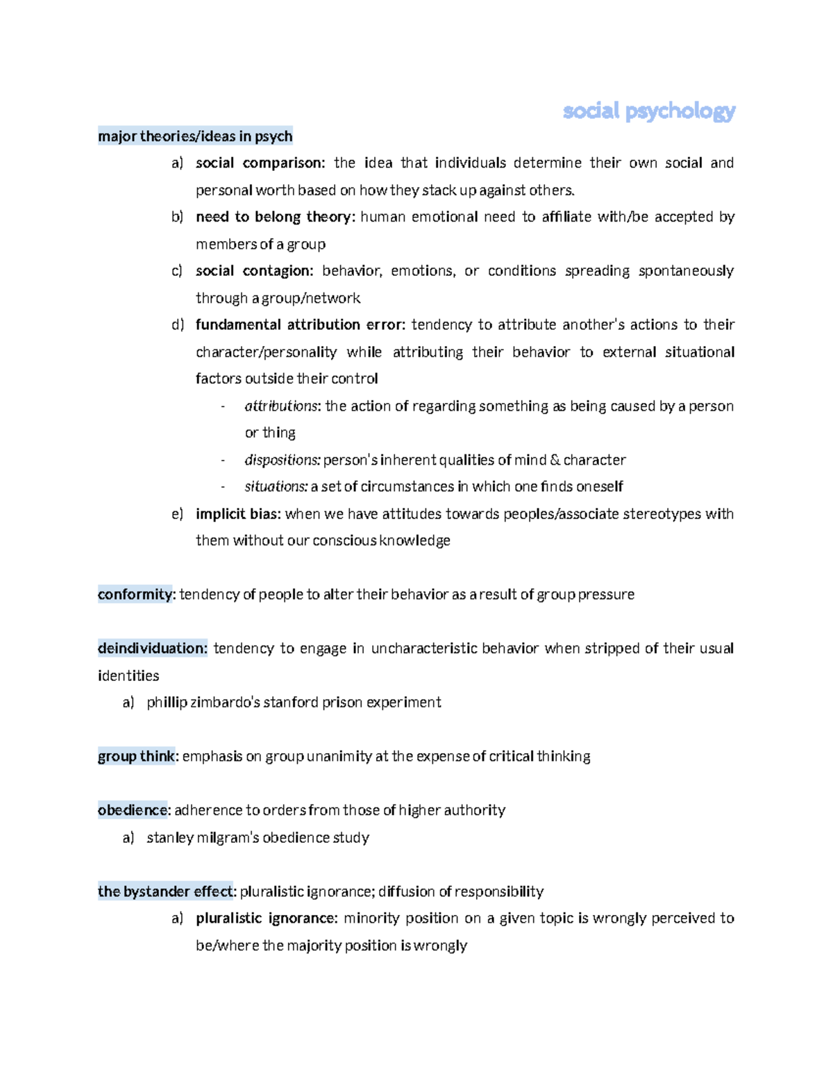 Psych. 101 final study guide - social psychology major theories/ideas ...