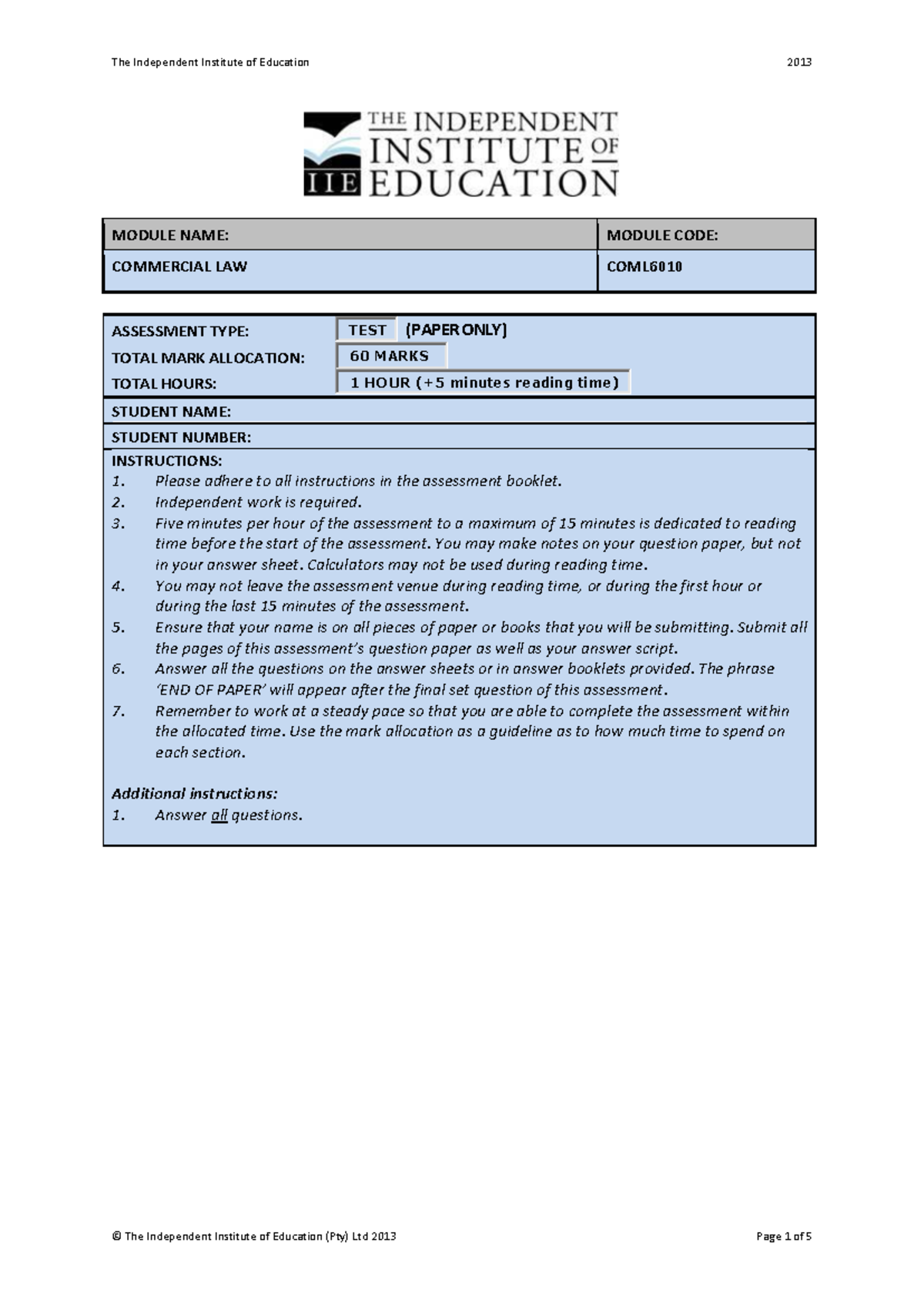 COML6010Ta - practice - MODULE NAME: MODULE CODE: COMMERCIAL LAW COML ...