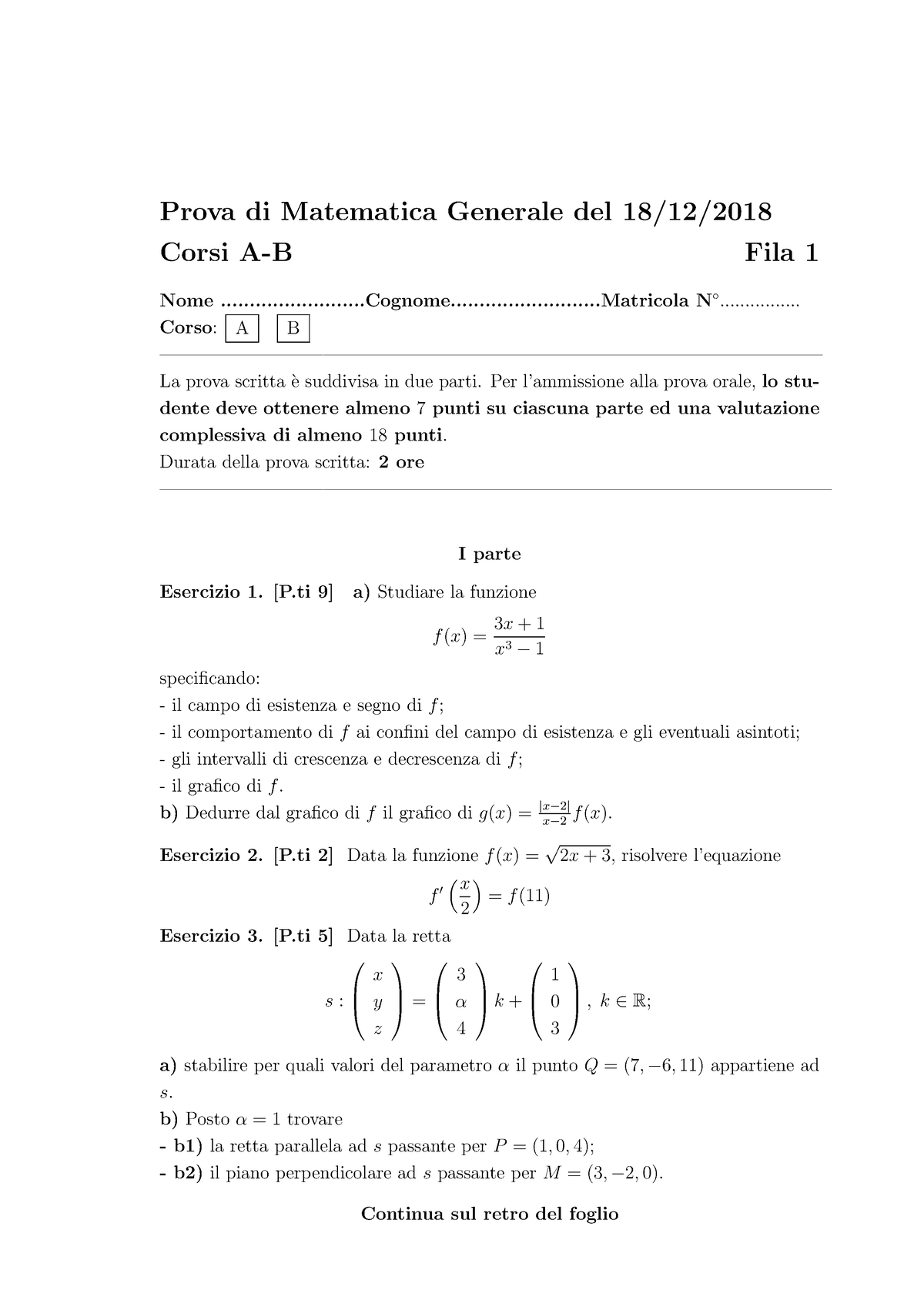 Prova 2018-esame Matematica - Prova Di Matematica Generale Del 18/12 ...