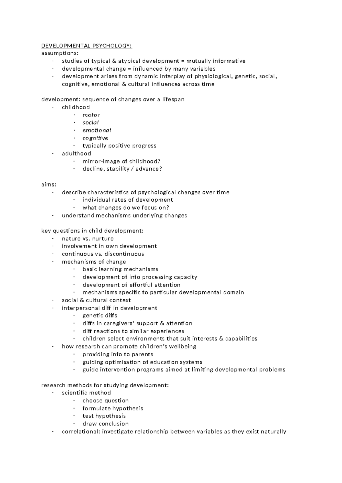 PSYC2213 - lecture 1 notes - DEVELOPMENTAL PSYCHOLOGY: assumptions ...