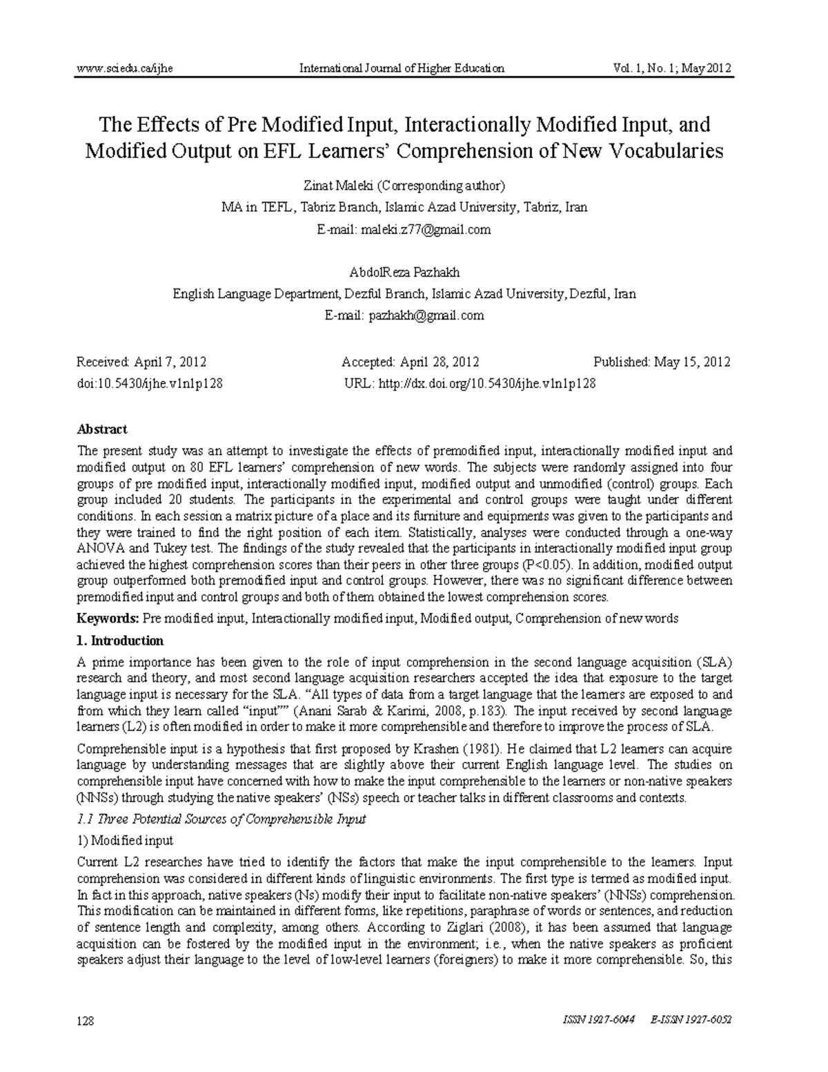 Pre modified input - 128 ISSN 1927-6044 E-ISSN 1927- The Effects of Pre ...