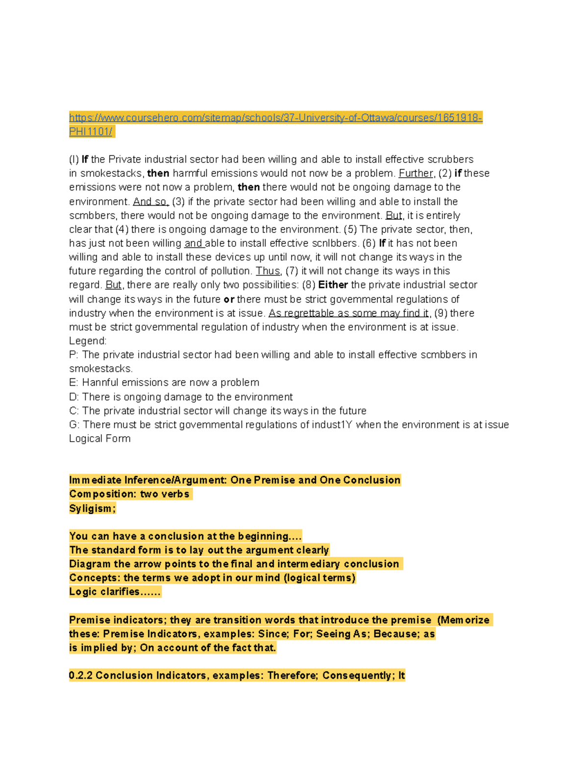 PHI Day Informal Logic Premise Indicators Conclusion Indicators - - Studocu