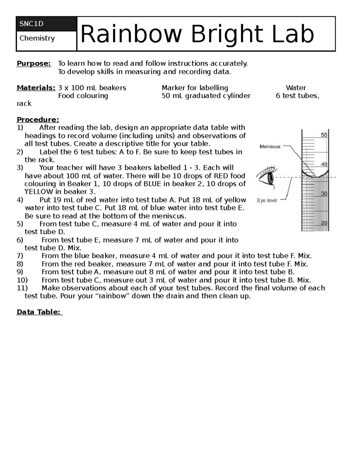 SNC1DRainbow Lab Notes SNC1D Chemistry Rainbow Bright Lab Purpose