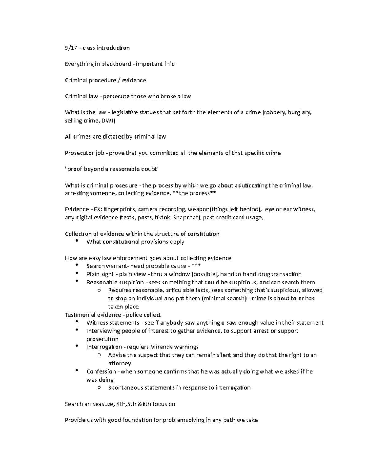 Criminal procedure class notes - 9/17 - class introduction Everything ...