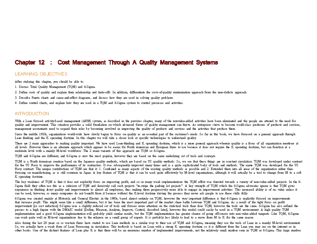12 Slides Chapter 12 Cost Management Through A Quality Management