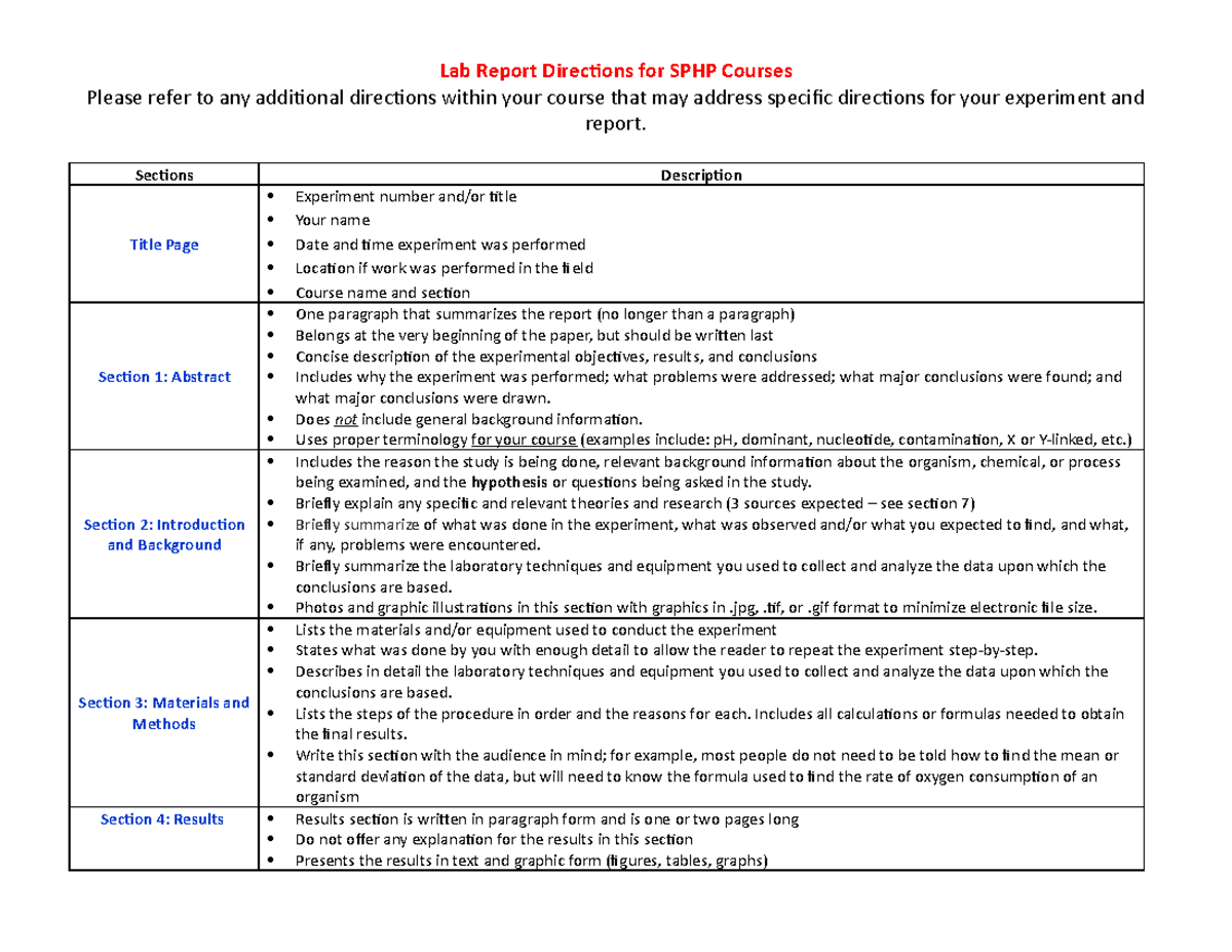 THE LAB Report Directions FOR SPHP Students - Lab Report Directions for ...