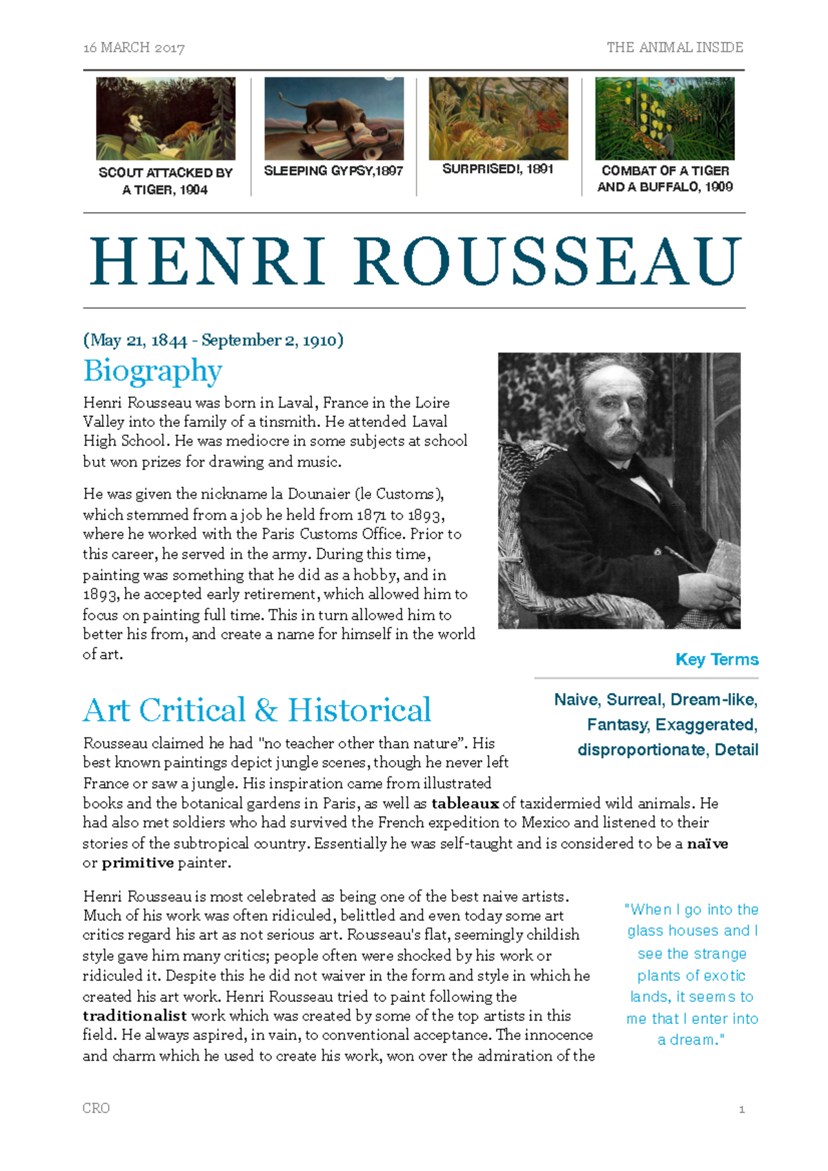 Henri Rousseau Information - 16 MARCH 2017 THE ANIMAL INSIDE (May 21 ...