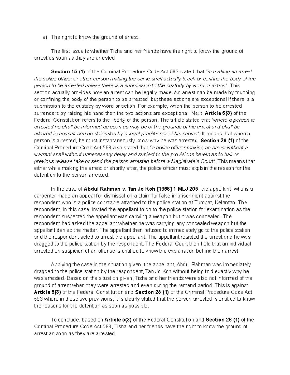 Consti ISH - the grounds of arrest - a) The right to know the ground of ...