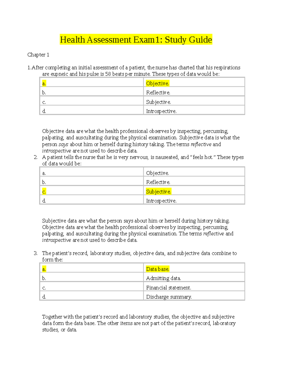 Health Assessment Exam1 - These Types Of Data Would Be: A. Objective. B ...