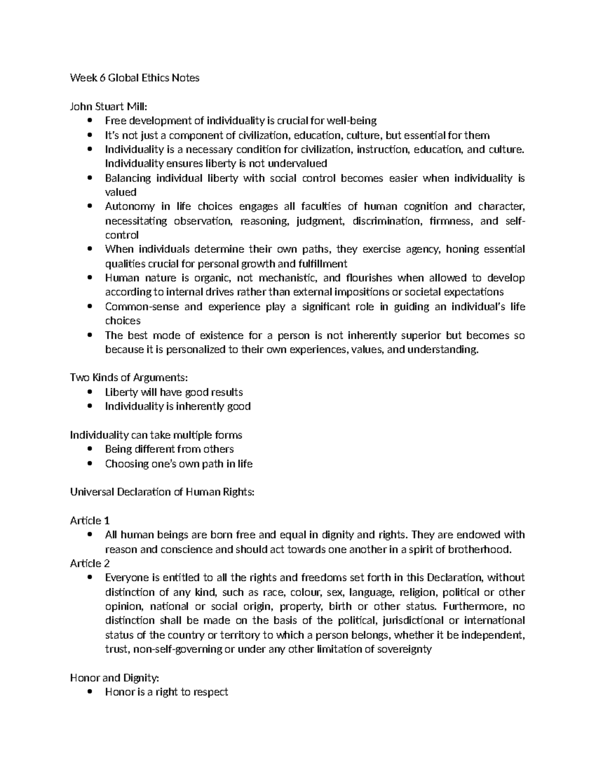 Week 6 Philosophy - Week 6 Global Ethics Notes John Stuart Mill: Free ...