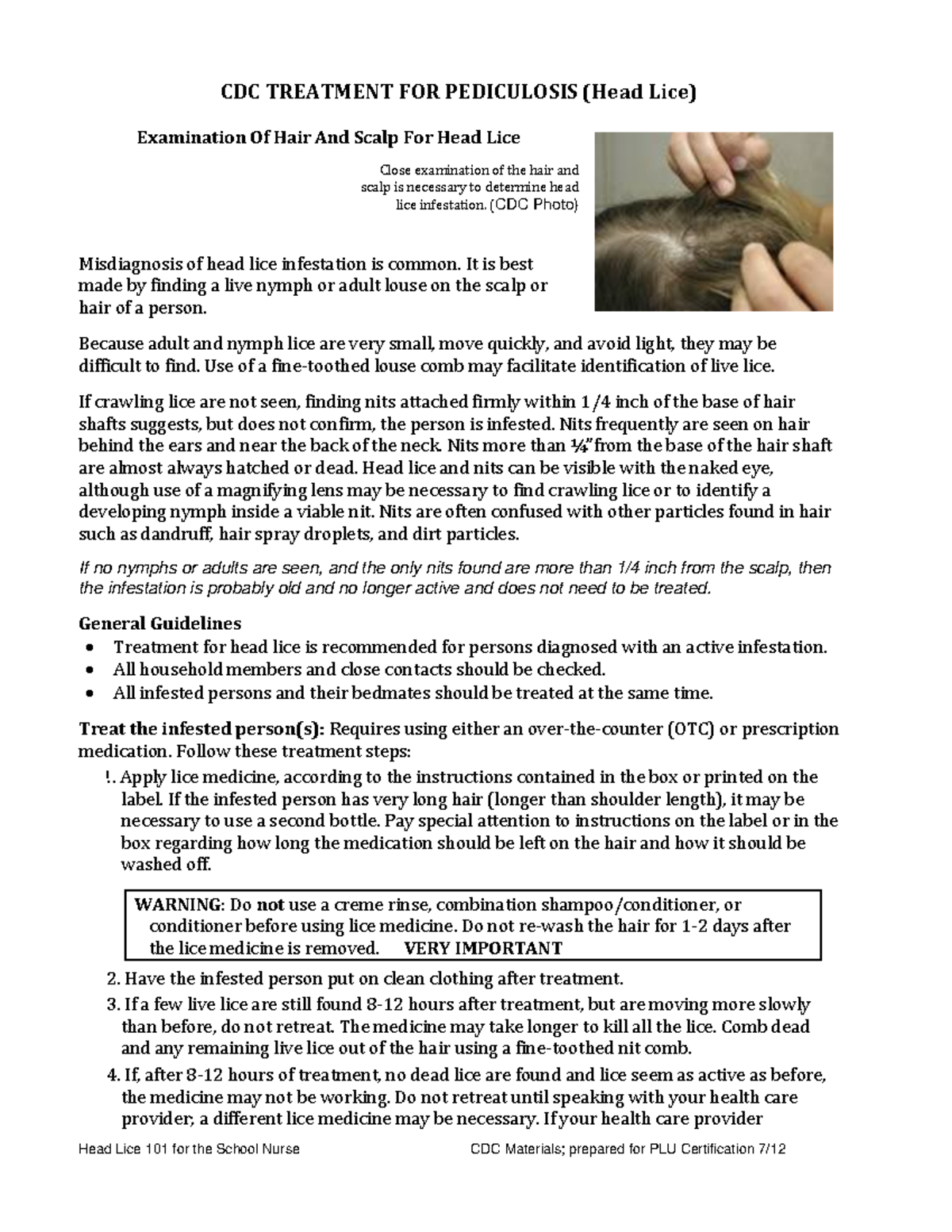 12pediculosis101 reference CDC TREATMENT FOR PEDICULOSIS (Head