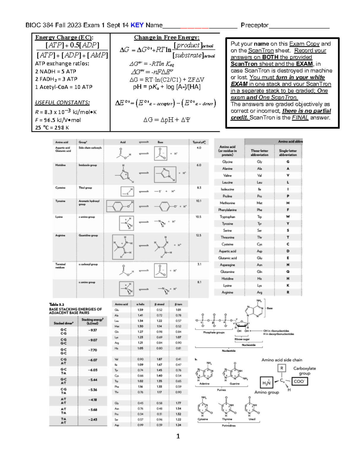 Bioc384-Exam1-Fall - BIOC Exam 1- Answer Key - Energy Charge (EC): ATP ...