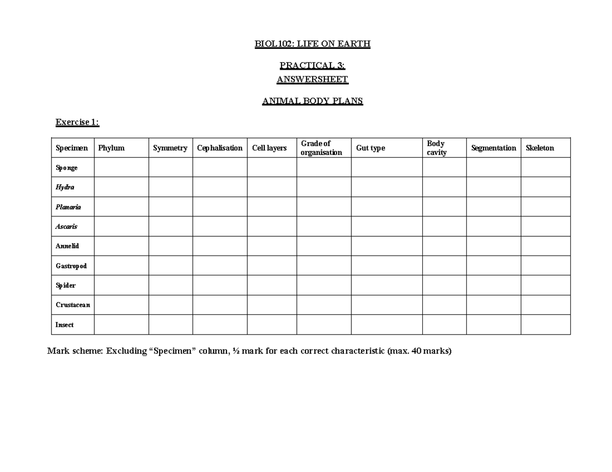 Prac 3 Marine Invertebrates Answersheet - BIOC201 - BIOL102: LIFE ON ...