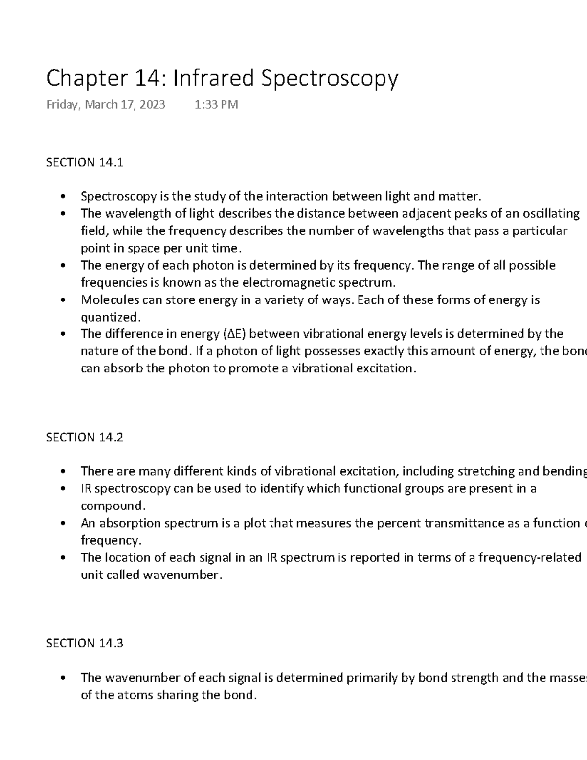 Chapter 14 Infrared Spectroscopy Summary SECTION 14. Spectroscopy is