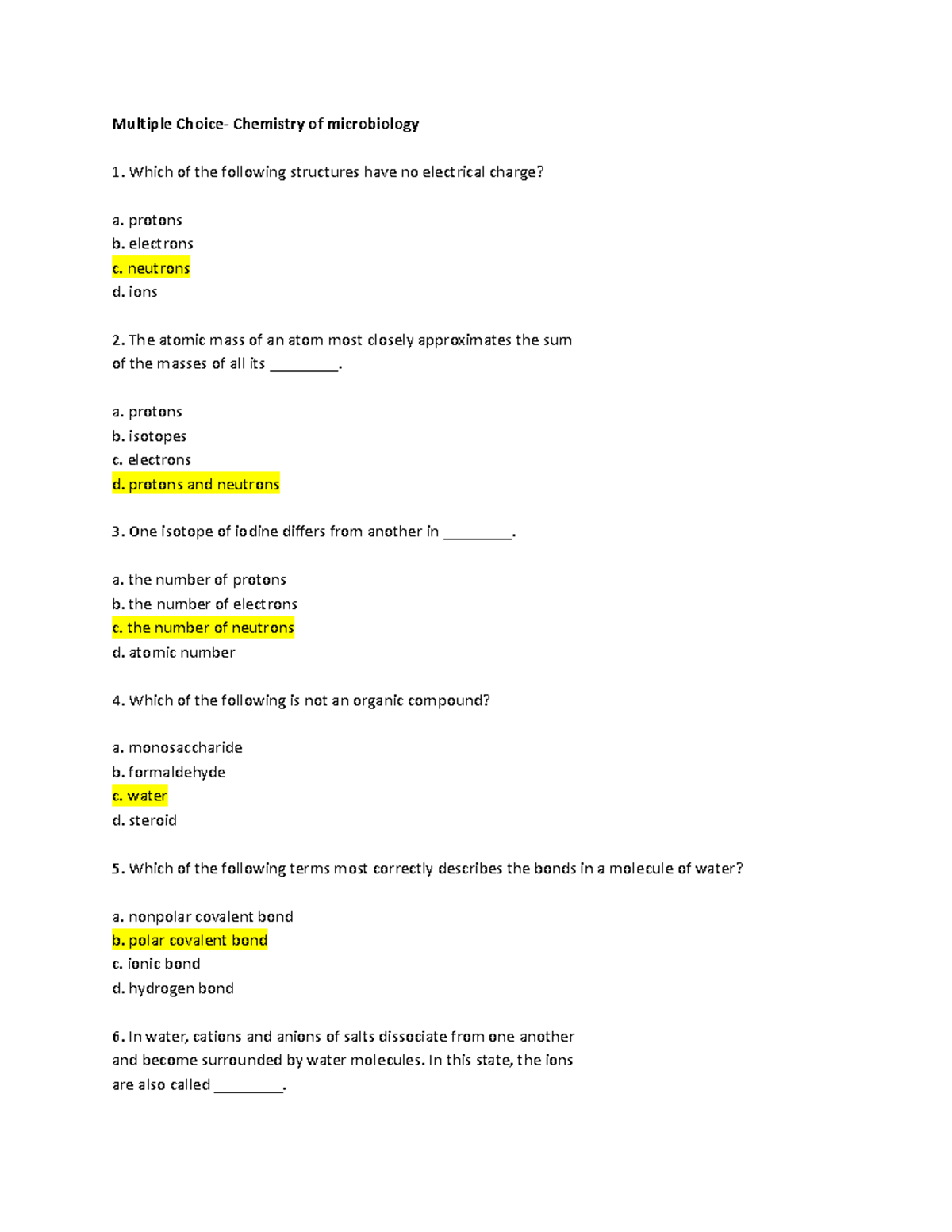 Chemistry Of Micro Bio-Multiple Choice - Multiple Choice- Chemistry of ...