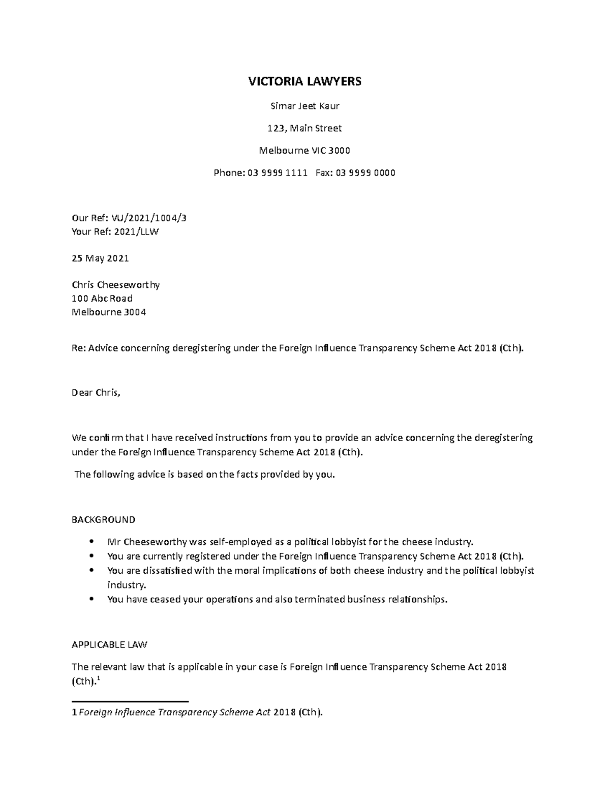 Letter of Advice LLW 1004 - BLGE - VU - Studocu