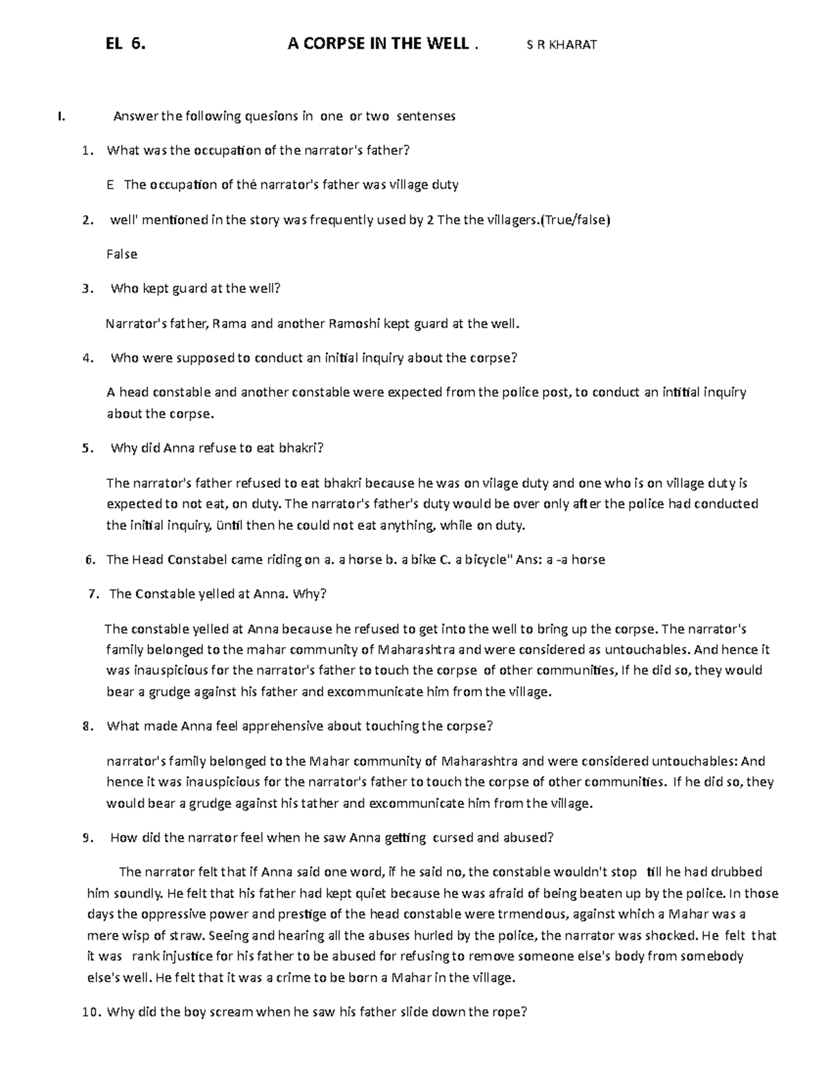 BCA EL 6 - NOTE POINTS - EL 6. A CORPSE IN THE WELL. S R KHARAT I ...