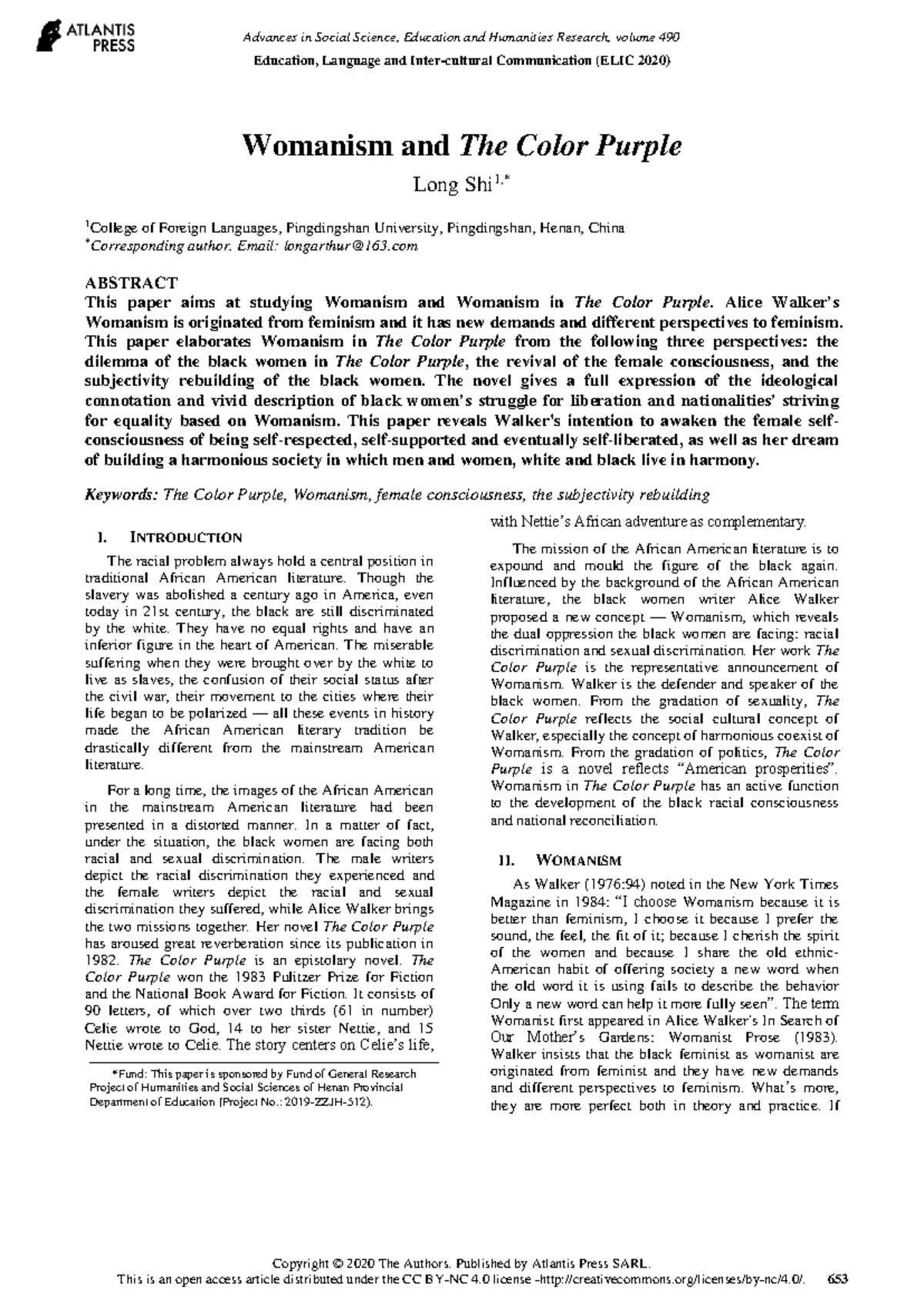 Womanism and The Color Purple - Email: longarthur@163 ABSTRACT This ...