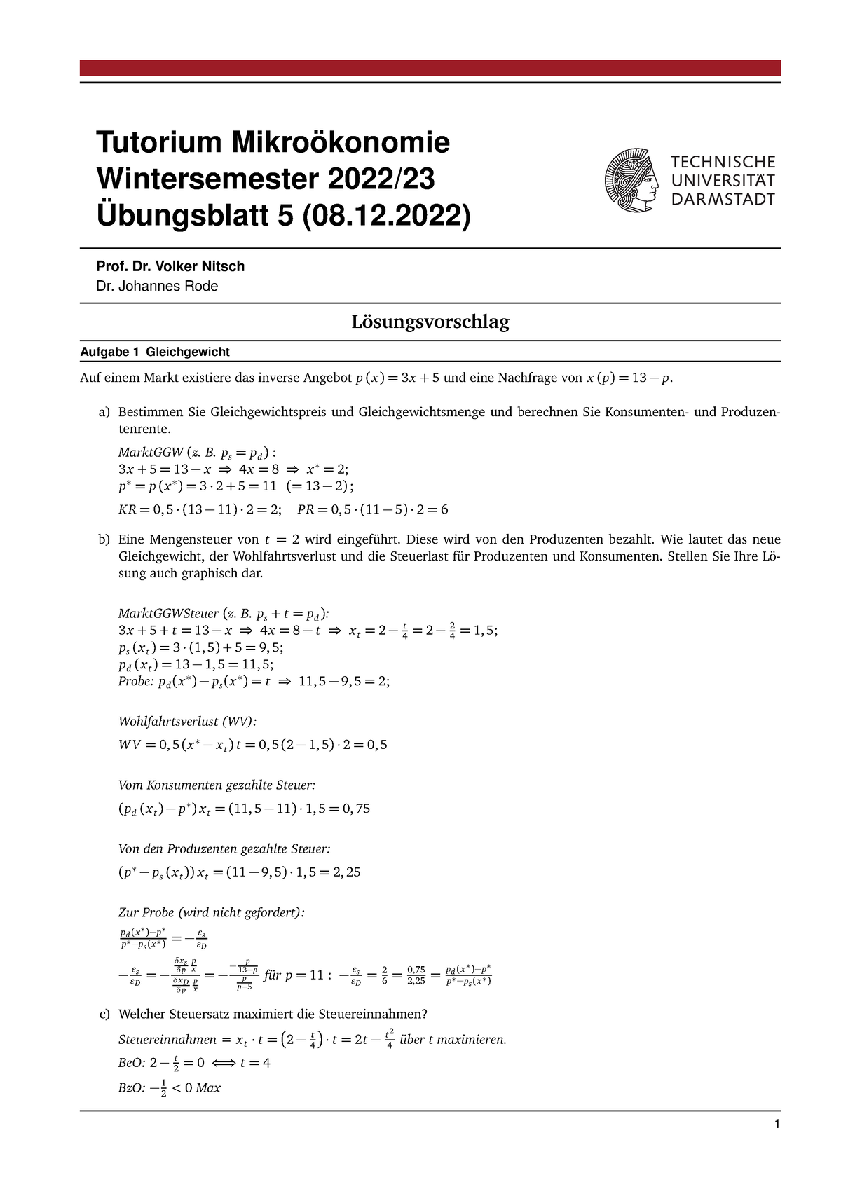 Mikro Loesung 5 - Tutorium Mikroökonomie Wintersemester 2022 ...