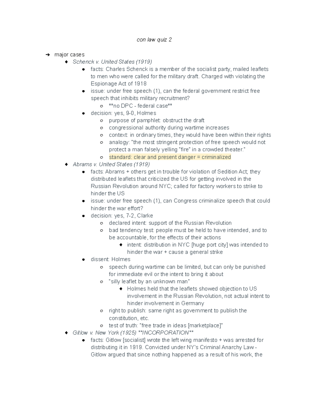 Con law quiz 2 exam 2 474 con law quiz 2 major cases Schenck v