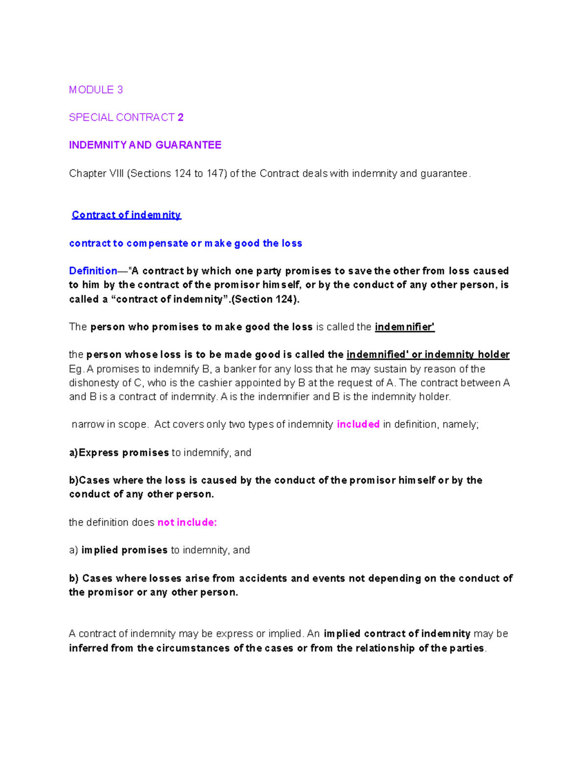 Gk Indemnity and guarantee, module 3 - MODULE 3 SPECIAL CONTRACT 2 ...