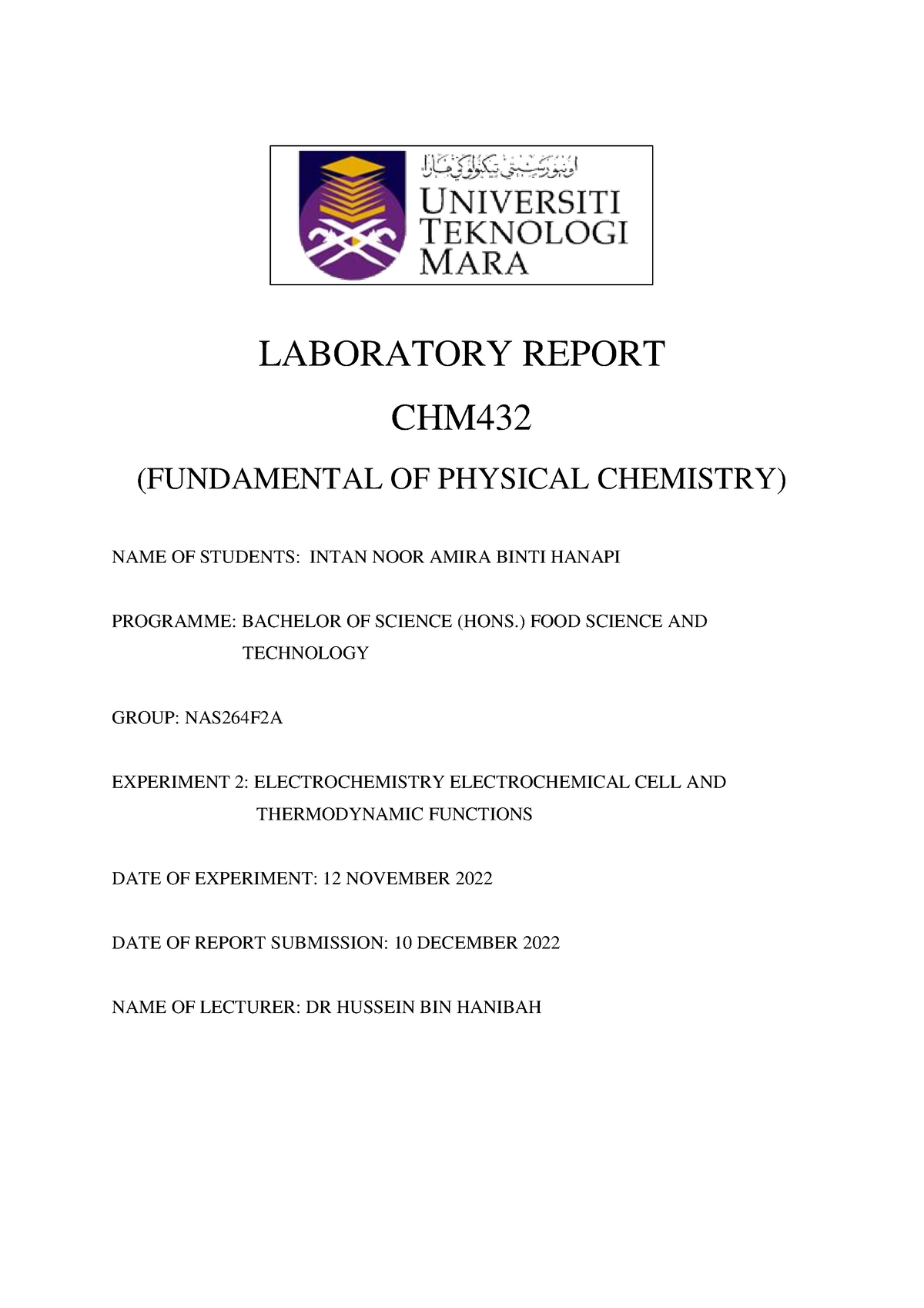 lab report experiment 2 chemistry matriculation