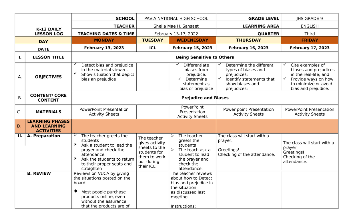 Week 1 Biases And Prejudices DLP - K-12 DAILY LESSON LOG SCHOOL PAVIA ...