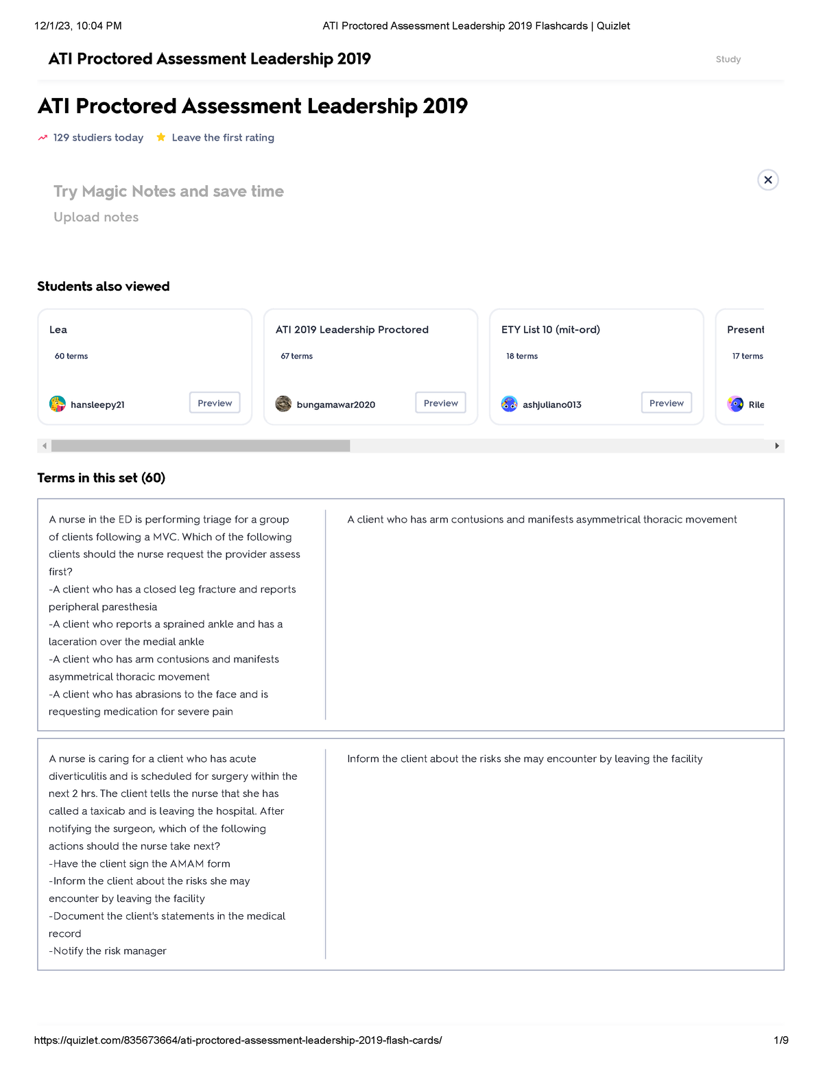 ATI Proctored Assessment Leadership 2019 Flashcards Quizlet ATI