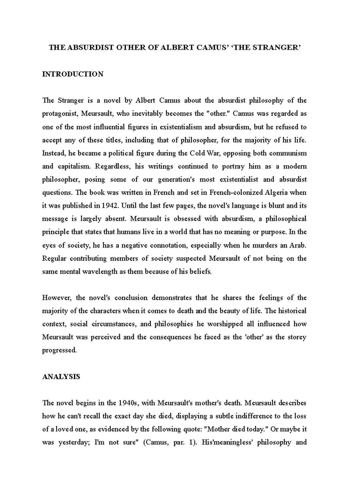 THE Absurdist Other OF Albert Camus’ ‘THE Stranger’ - THE ABSURDIST ...