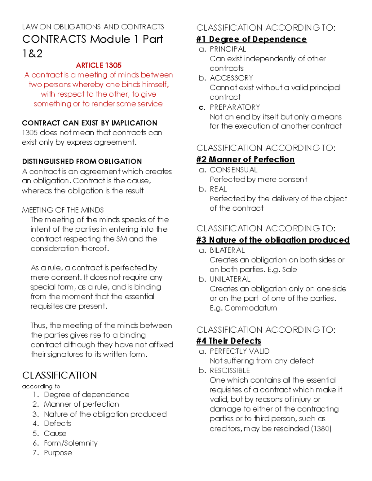 Contracts Module 1 PART 1 N 2 - LAW ON OBLIGATIONS AND CONTRACTS ...