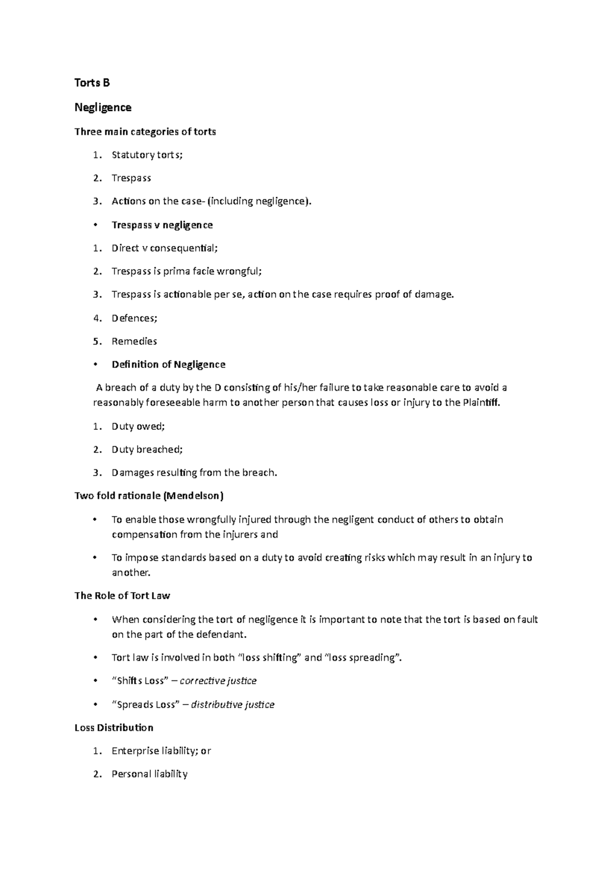 Torts B Notes - Torts B Negligence Three Main Categories Of Torts 1 ...