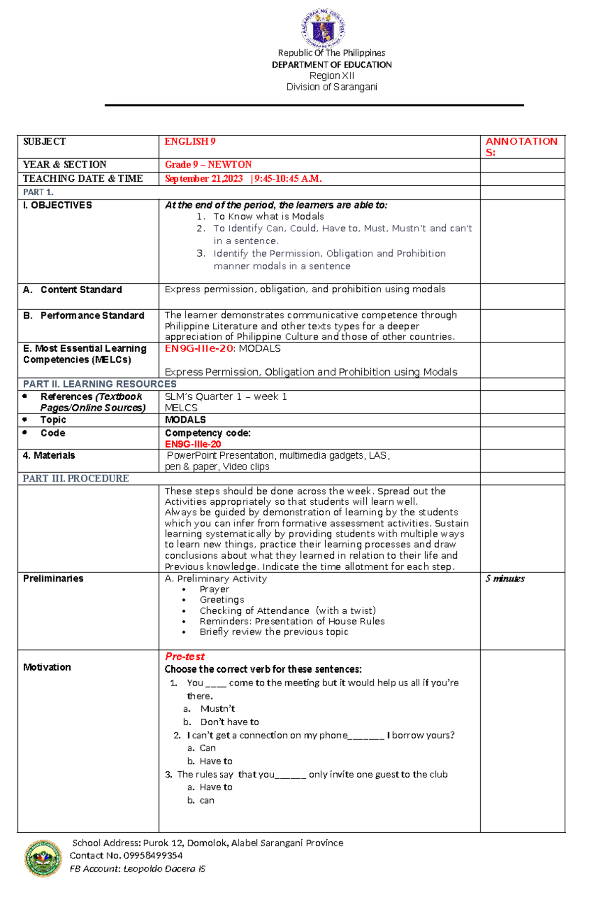 Lesson PLAN in COT1 - Q1 (2023-2024) - DEPARTMENT OF EDUCATION Region ...