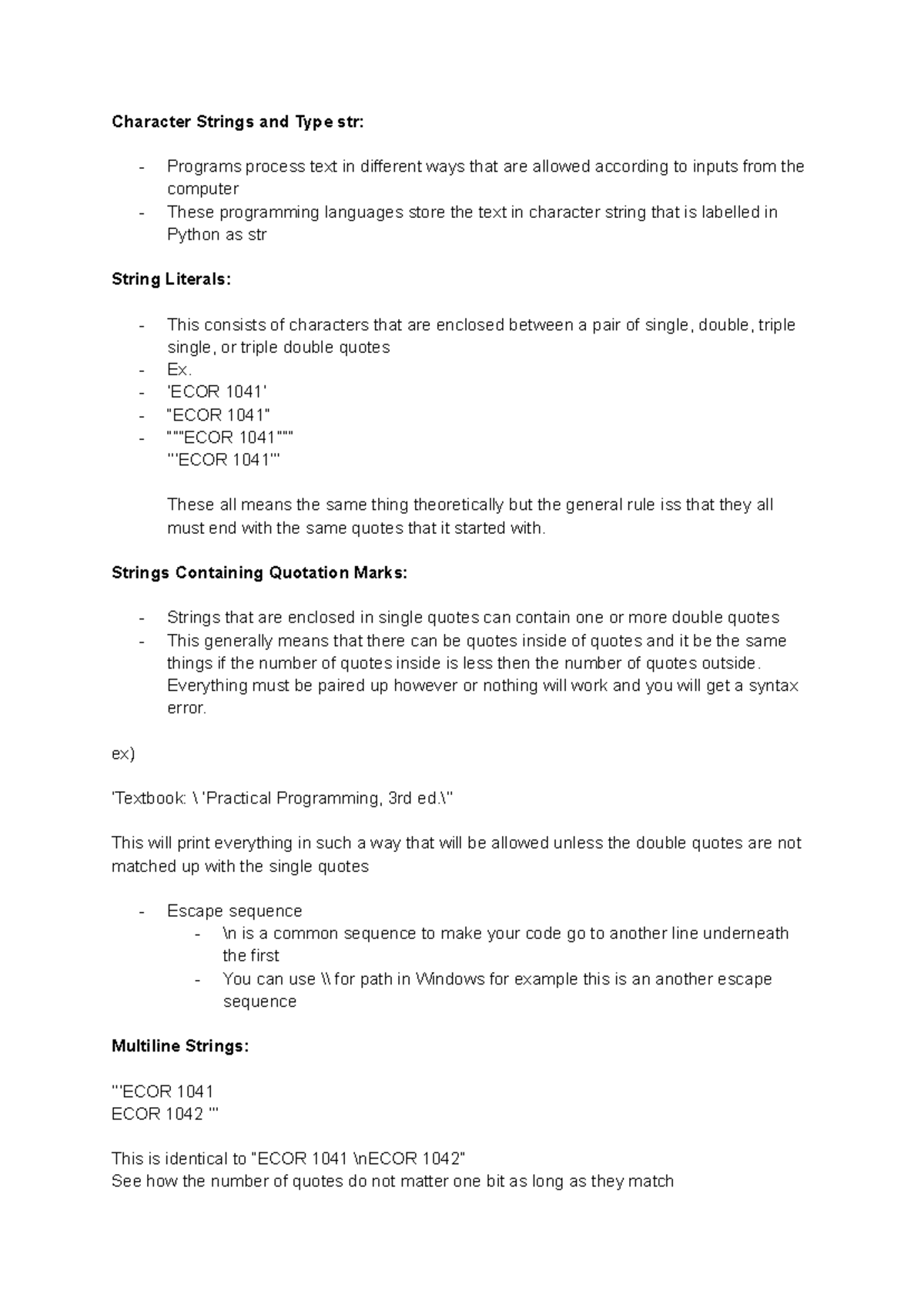 ECOR 1041 Lecture 10 Notes 2024-02-13 - Character Strings and Type str ...