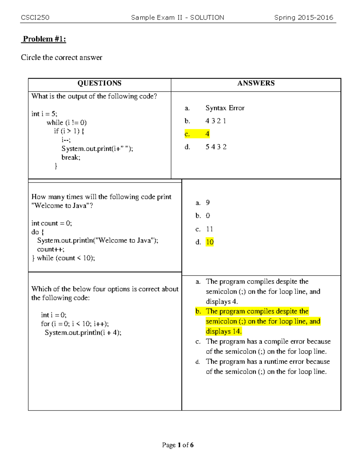Sample 2 Exam 2 solution - Problem #1: Circle the correct answer ...
