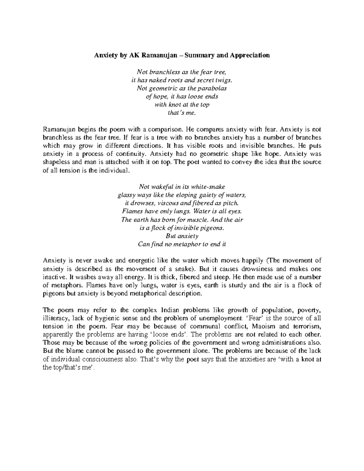 Anxiety Analysis It includes Indian English poem Anxiety by AK