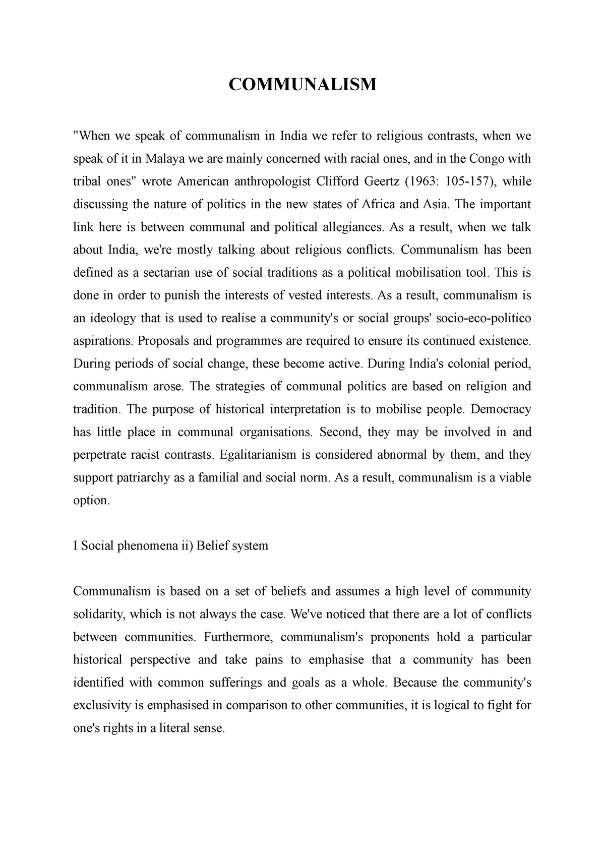 Communalism - Lecture Notes 5 - COMMUNALISM "When We Speak Of ...