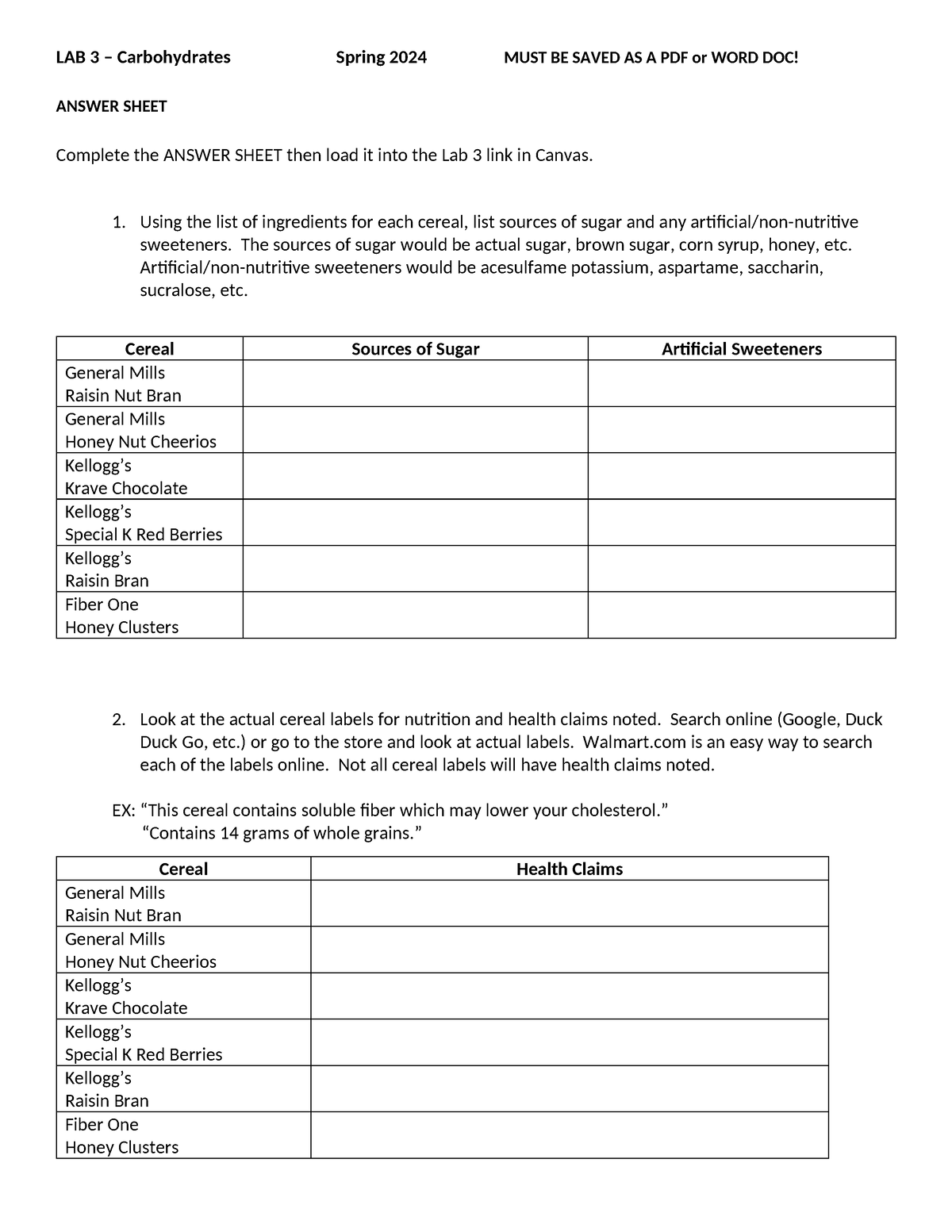 Lab 3 Carbs cereal comparison Spring 2024 Answer Sheet - LAB 3 ...