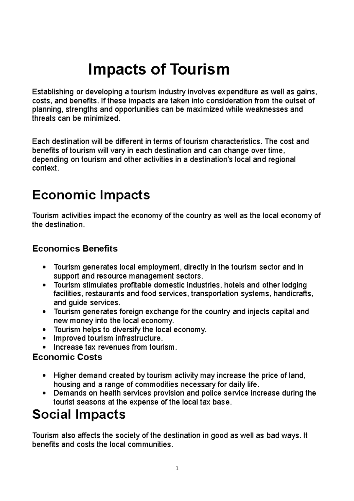 Impacts Of Tourism Doc9 Impacts Of Tourism Establishing Or Developing 