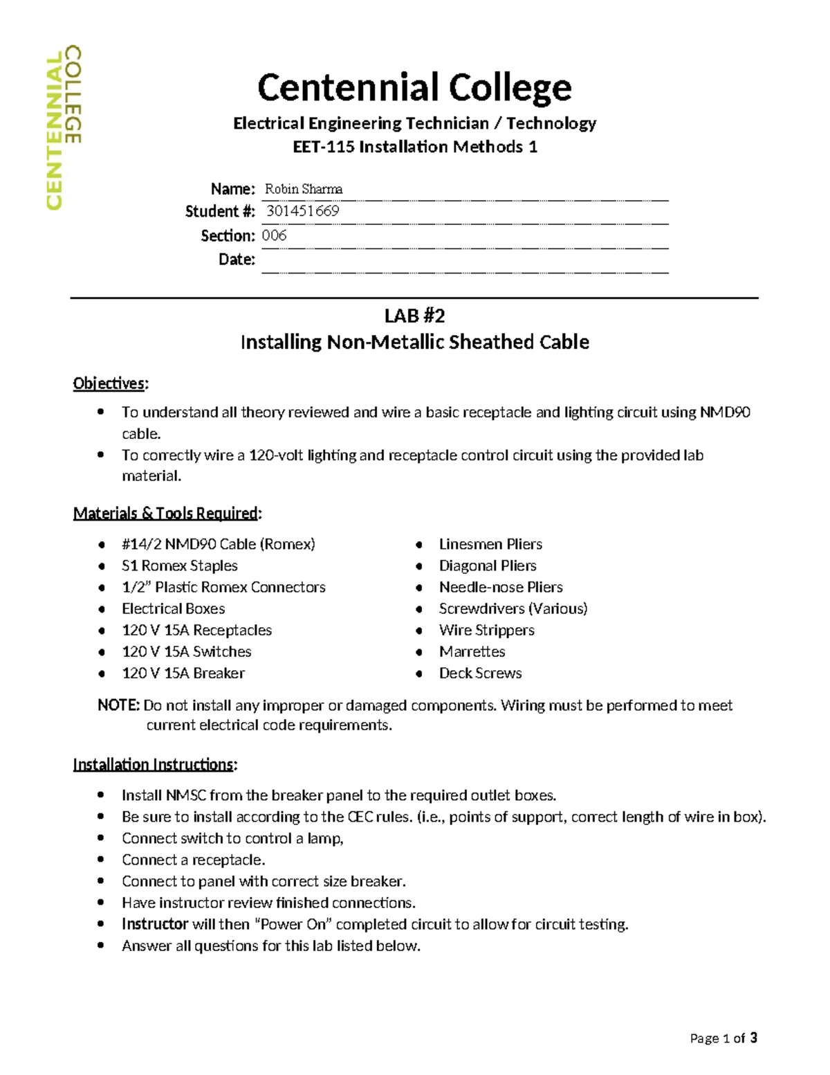 EET-115 Lab 2 - Non-Metallic Sheathed Cable - Centennial College ...