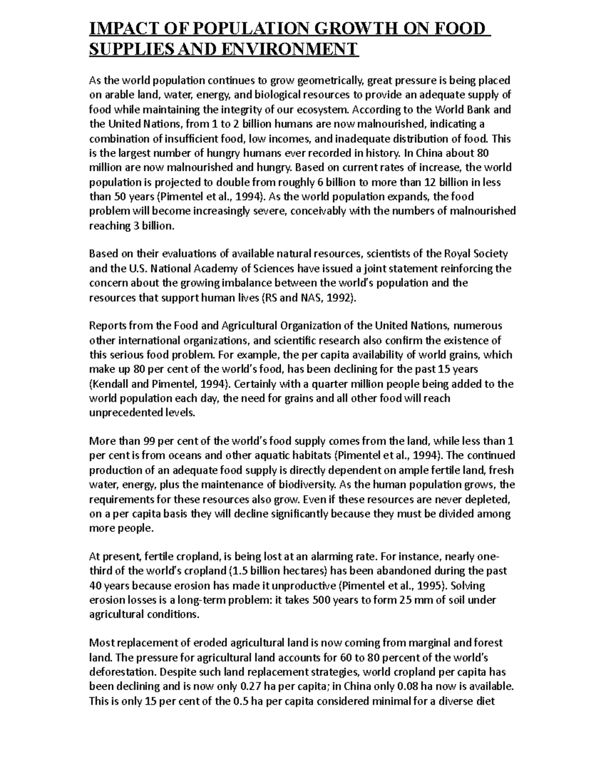 Impact OF Population Growth ON FOOD Supplies AND Environment - IMPACT ...